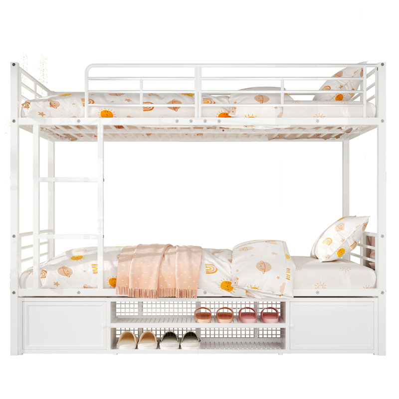 European Single (90 X 200 Cm) Bunk Bed with Storage Included with Built-in Ladder Included, White