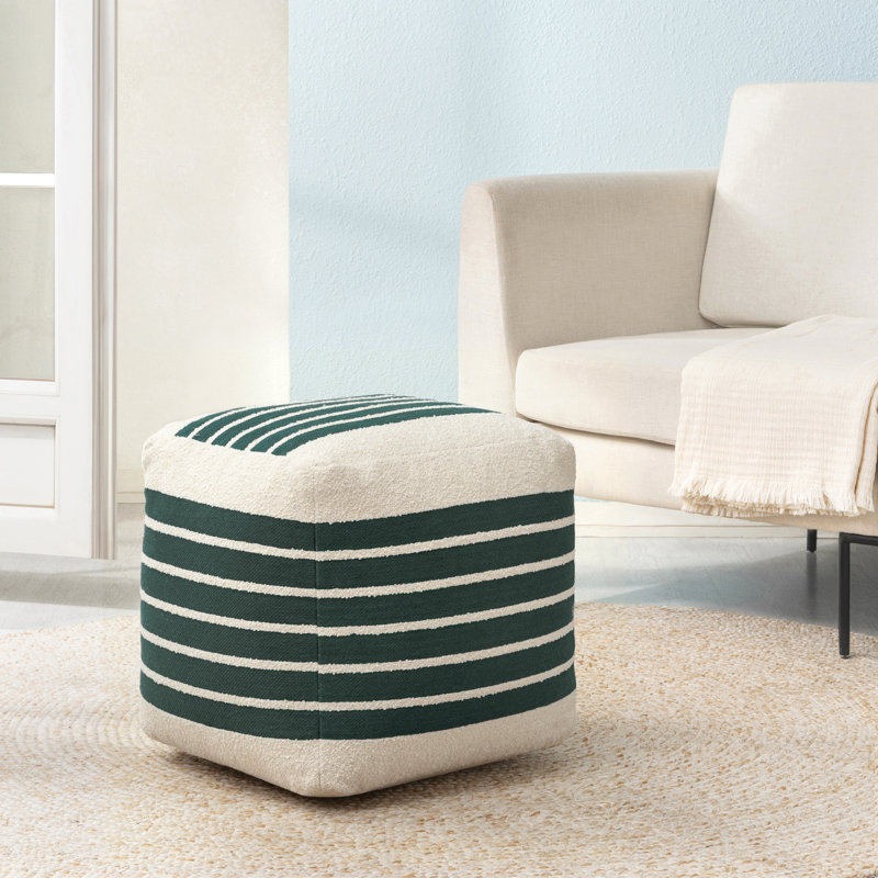 Krikor 20" Garden Topiary Striped Upholstered Pouf Ottoman, Green