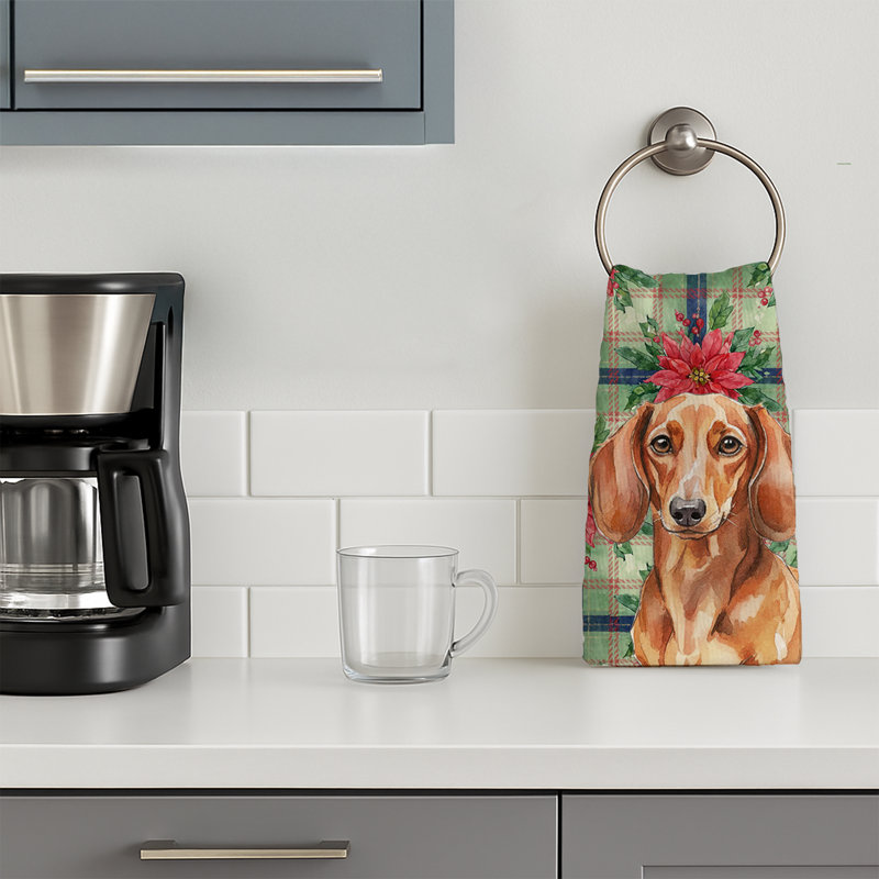 Red Brown Dachshund Christmas PoinsettIas Kitchen Towel, Red Brown Dachshund