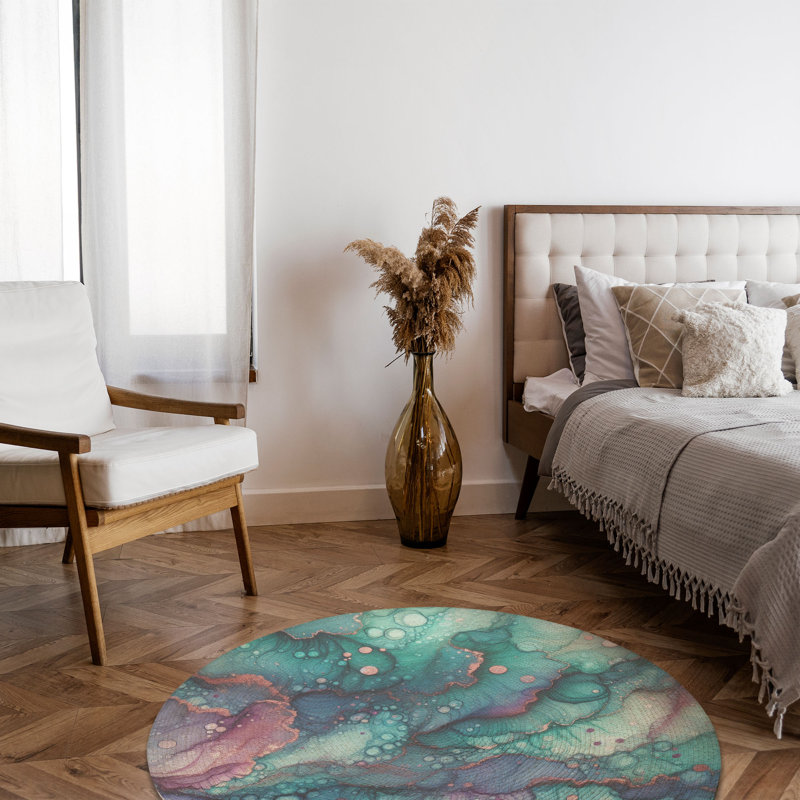 Tapis tressé bleu sarcelle et mauve scintillant, Rond 5 pi