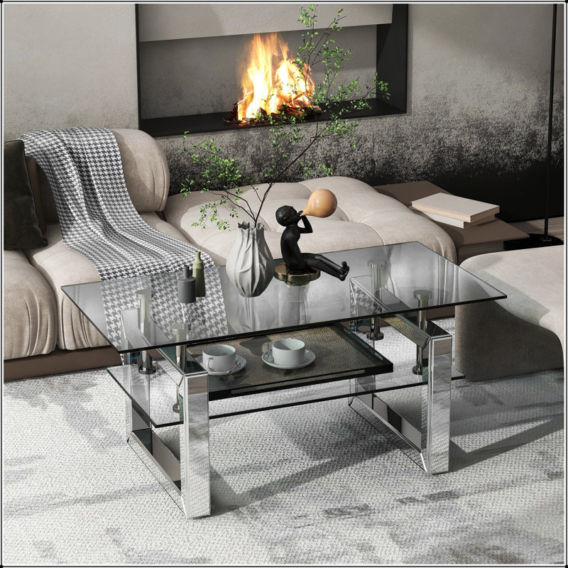 Table basse rectangulaire avec plateau en bois manufacturé, tablette et tiroir
