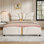 Structure de lit double rembourrée en cuir de polyuréthane, avec tête et pied de lit en forme de papillon, structure de lit plateforme avec décorations en métal doré, aucun sommier nécessaire, beige