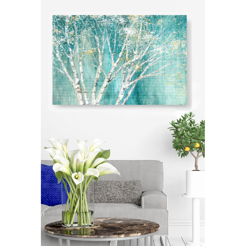 Bouleau artistique sur Aqau, bleu, jaune, feuilles, H 24 po x l 48 po x P 1,5 po