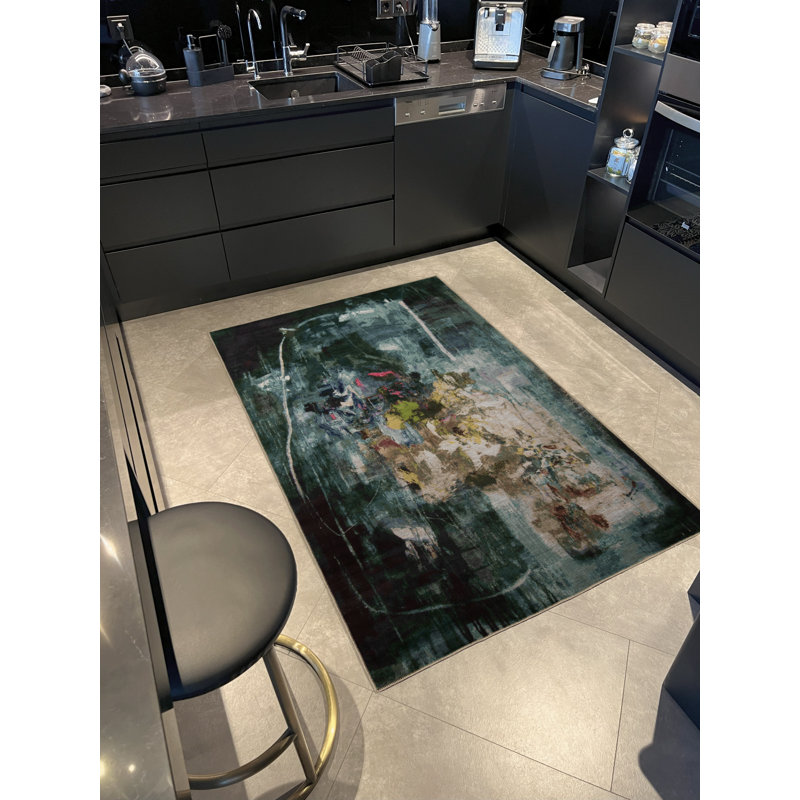 Tapis décoratif vert multicolore à motif abstrait vert, Tapis de couloir 3 pi 9,81 po x 9 pi 10,11 po
