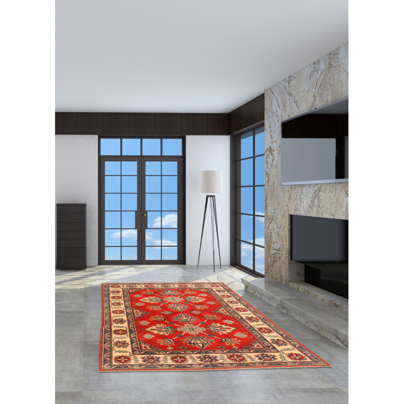 Tapis rouge / beige en laine nouée à la main 5 pi x 6 pi 7 po One Age of a Kind Kind Folrich