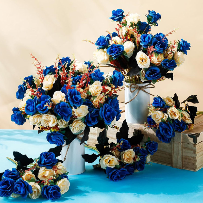 12 bouquets de fleurs artificielles roses en soie bleu foncé