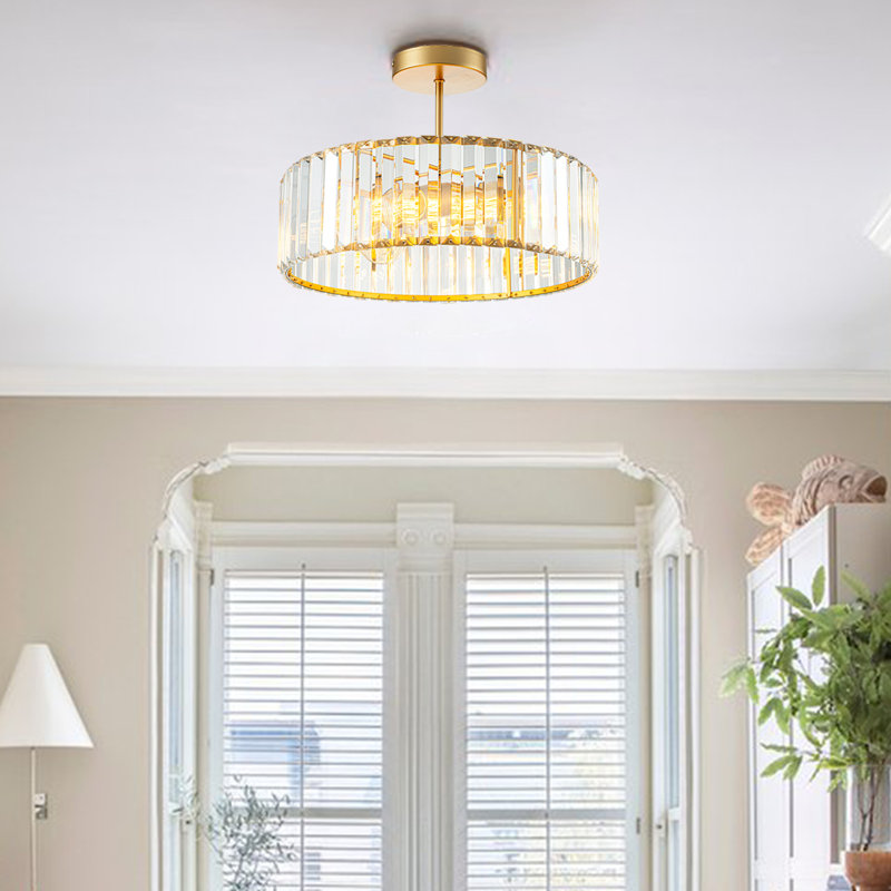 Lustre semi-encastré 1 lumière avec abat-jour en cristal, H 4,7 po x l 15 po x P 15 po