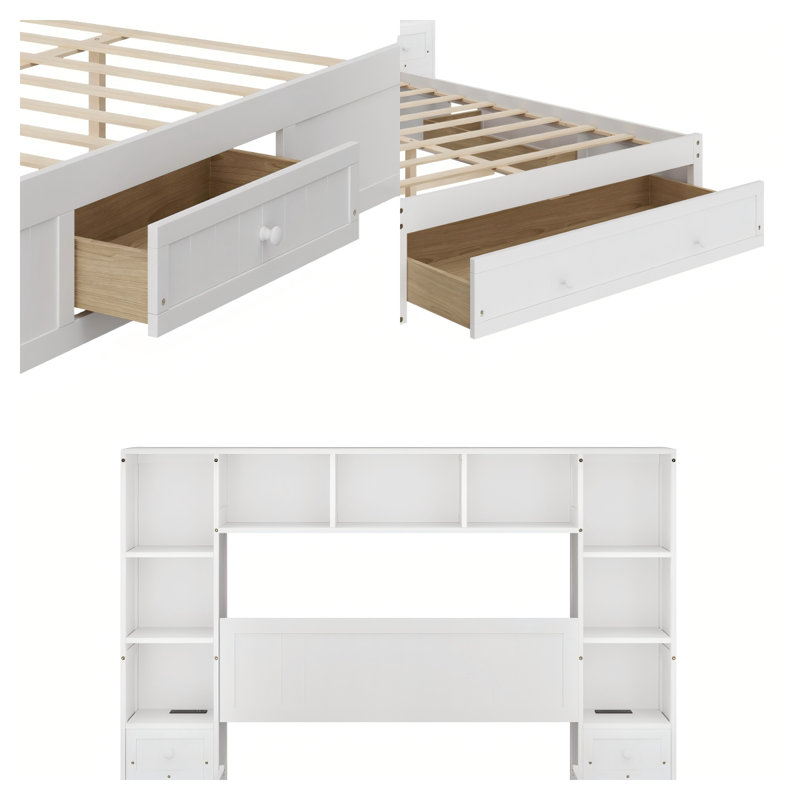 Wooden Storage Bed with All-In-One 2 Nightstand, Storage Shelf and Cabinet Bookcase with 2 Charging Stations, Queen