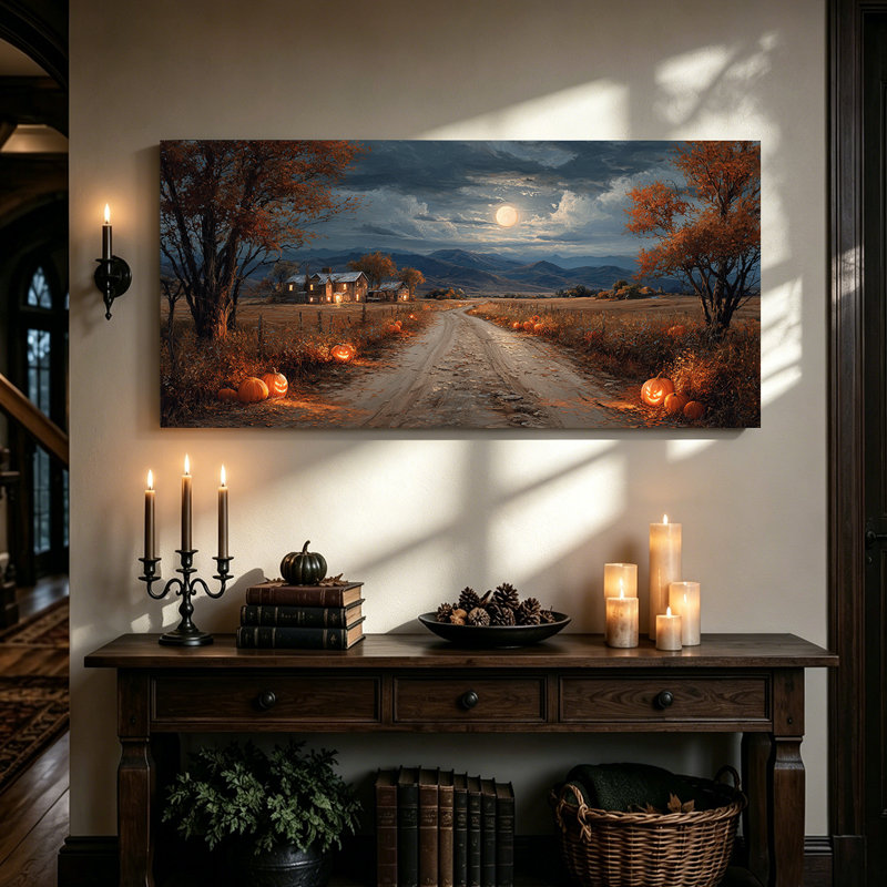 Décoration murale sur toile rustique en automne campagnard avec citrouille et pleine lune, 40" H x 20" W
