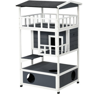 Outdoor Grey Cat Marvelous House, Wooden Shelter With Asphalt Roof, Escape Doors, , Jumping Platform For 10 Lbs Or Under Cats House - Grey, Up To 10lb
