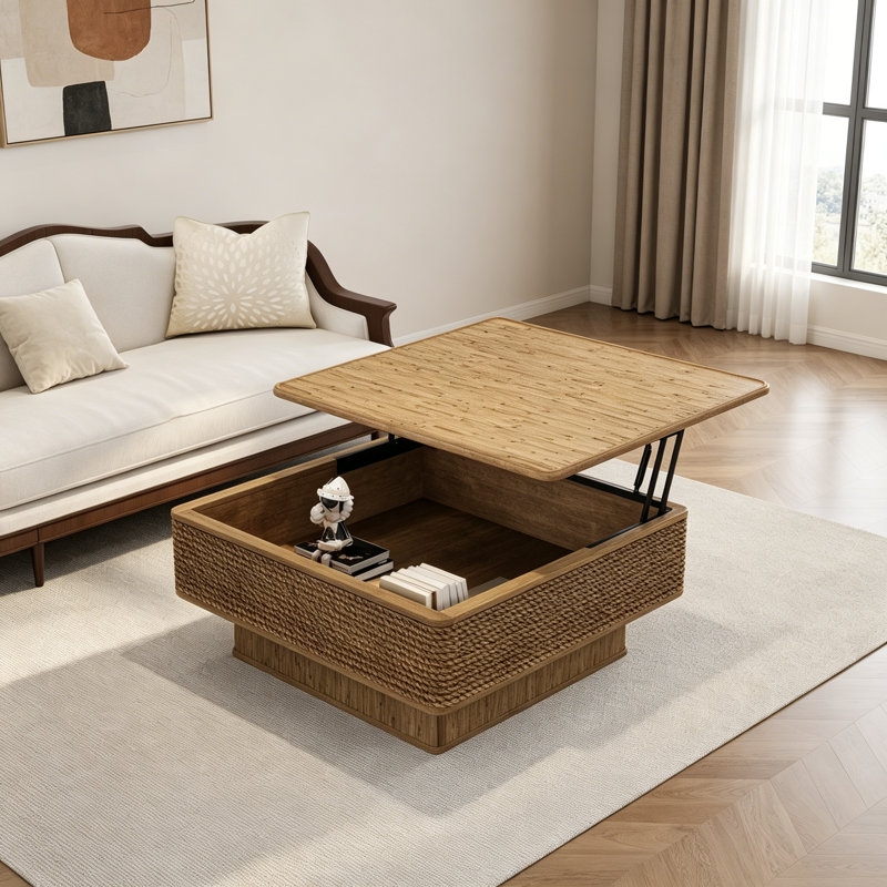 Table basse carrée en rotin avec rangement réglable, table basse naturelle rétro avec corde en chanvre