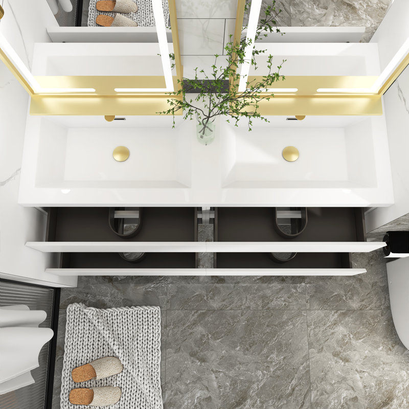 Meuble-lavabo double 60 po avec plateau en résine Zye, Blanc