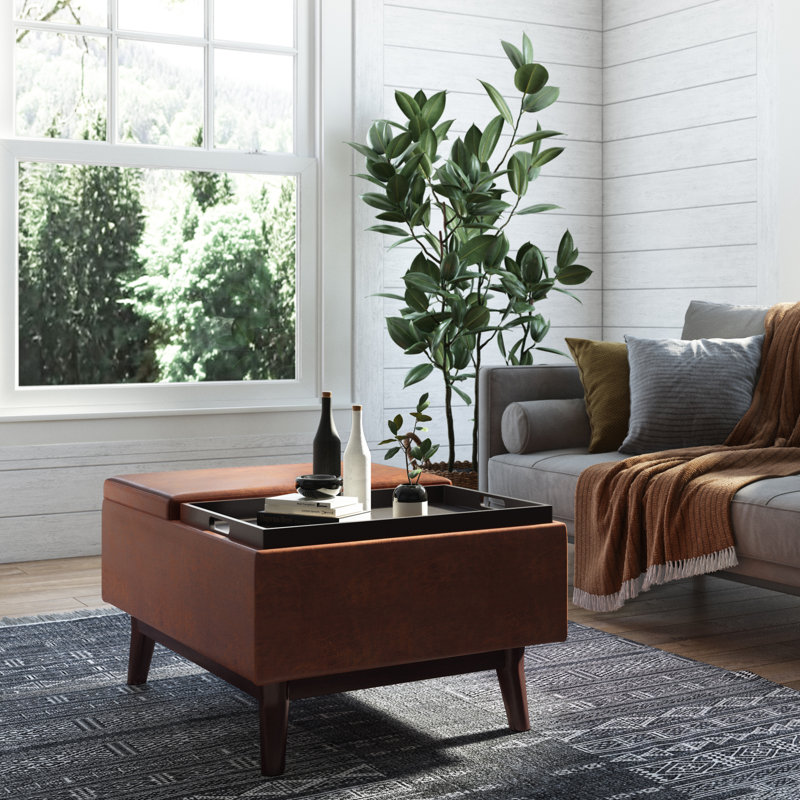 Repose-pieds capitonné rectangulaire Mid-Century avec plateau Owen, Simili cuir brun délavé