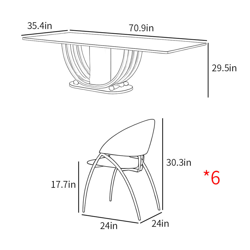 Ensemble de table de salle à manger moderne en pierre frittée, H 29,5 po x L 70,9 po x l 35,4 po 