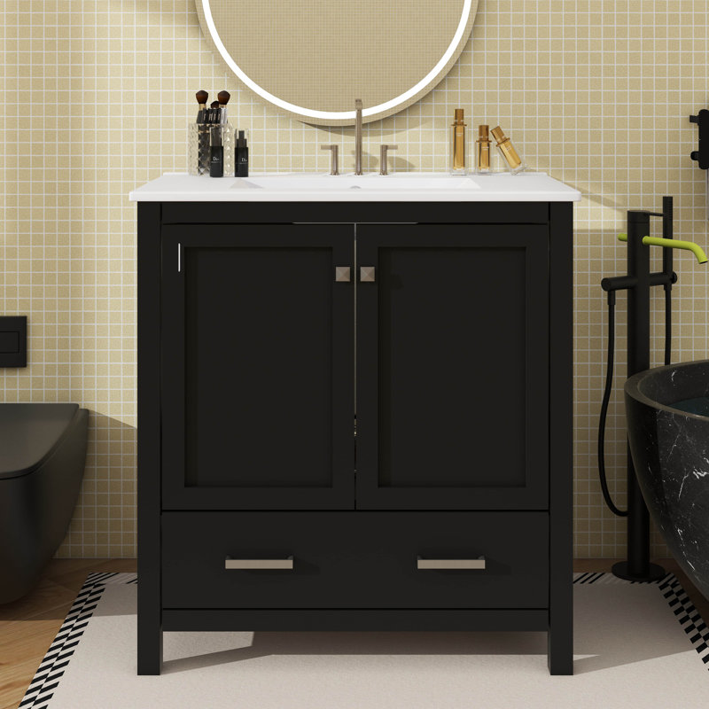 Ensemble de meuble-lavabo simple avec tiroir et tablette double, 30", Noir, Argent argent