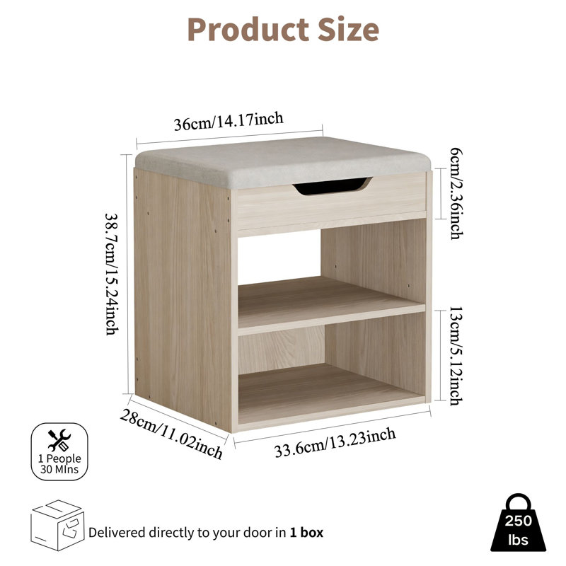 13.2" Shoe Storage Bench with Cushion, 2-Tier Adjustable Shoe Rack for Entryway, Natural Wood