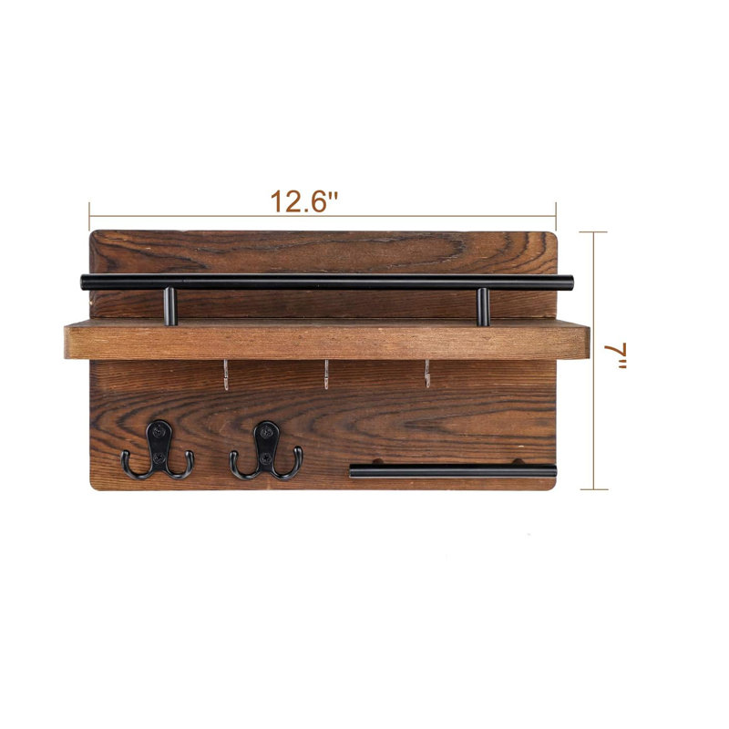Wall Organizer with Key Hooks, 12.6" W x 7" H x 5" D, Brown