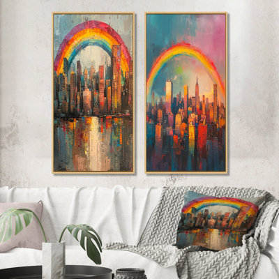 Rainbow Over The City Of Newyork I - Landscapes Canvas Art 2 Panels Collection