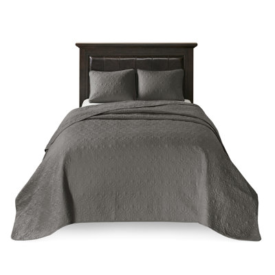 Reversible Bedspread Dark Grey King - With Detailed Pattern Pre-Washed Cotton Filling For Extra Comfort Oversized To Suit High Depth Mattresses Includes And Two Shams Machine Washable Quilting A