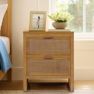 Medern Boho Solid Wood Nightstand with 2 Deep Drawers, Rattan Inlay For Bedroom Organization & Storage