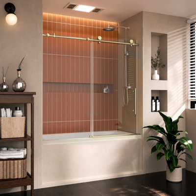 Porte de baignoire coulissante sans cadre de 56 à 60 po x H 58 po avec verre trempé 1/4 po (6 mm) et roulettes silencieuses