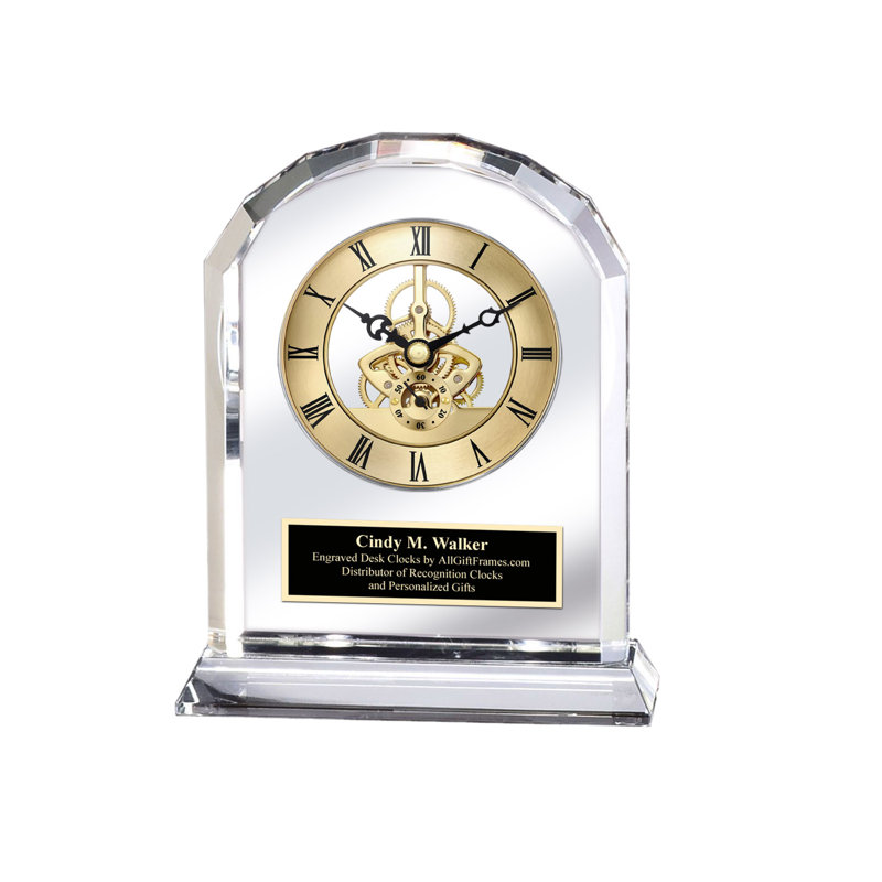 Horloge gravée en cristal doré avec engrenage ingénieur noir, Oui