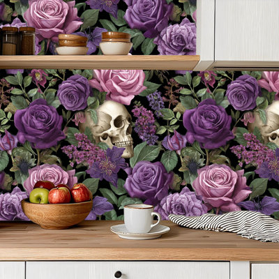 Peel and Stick Wallpaper Contact Paper Gothic Dark Floral Spooky Black Rose Roses Skull Purple Black Floral Self Adhesive and Removable 24in x 118in(60x300cm)