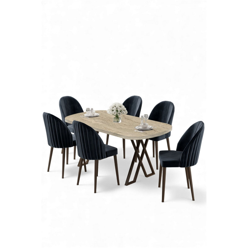 Ensemble de table et chaises de salle à manger (7 pièces), 7 pièces : table, 6 chaises, Travertin / noir, Gris anthracite