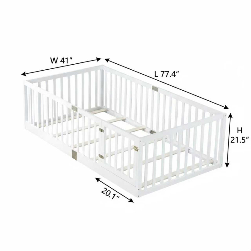 Twin Size Floor Bed with High Fence Railings, with Door, Rubber Wood Floor Bed with Safety Guardrails,White, Twin, White