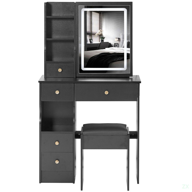 Petit meuble-lavabo 29,2 po avec tiroir de gauche et tabouret rembourré, Noir