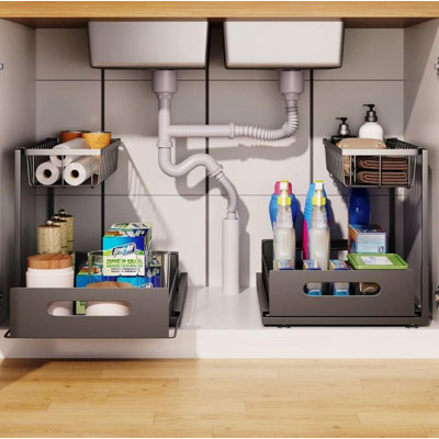 Ensemble de 2 sous-éviers, 2 niveaux de rangement coulissant avec crochets et séparateurs. Étagère de salle de bain et de cuisine polyvalente pour maximiser l'espace et faciliter l'accès. Empilable, durable et parfait