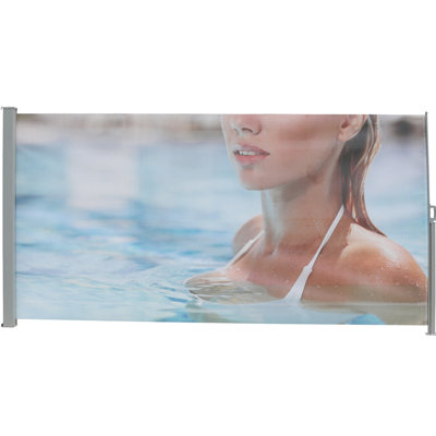 Auvent latéral rétractable gris 71 po x 138 po, manuel, avec impression, Upf50 +, en métal et, pour balcon de piscine, d'une hauteur de 71 po et d'une profondeur de 138 po, gris, style américain, filet semi-transparent, soleil