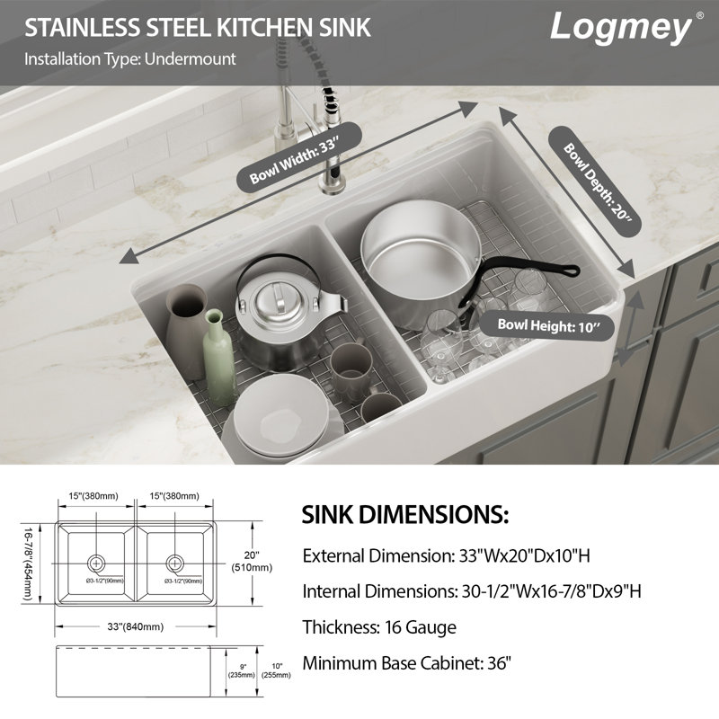 Évier de cuisine à double cuve à tablier frontal en argile réfractaire L 33 po x l 20 po avec accessoires