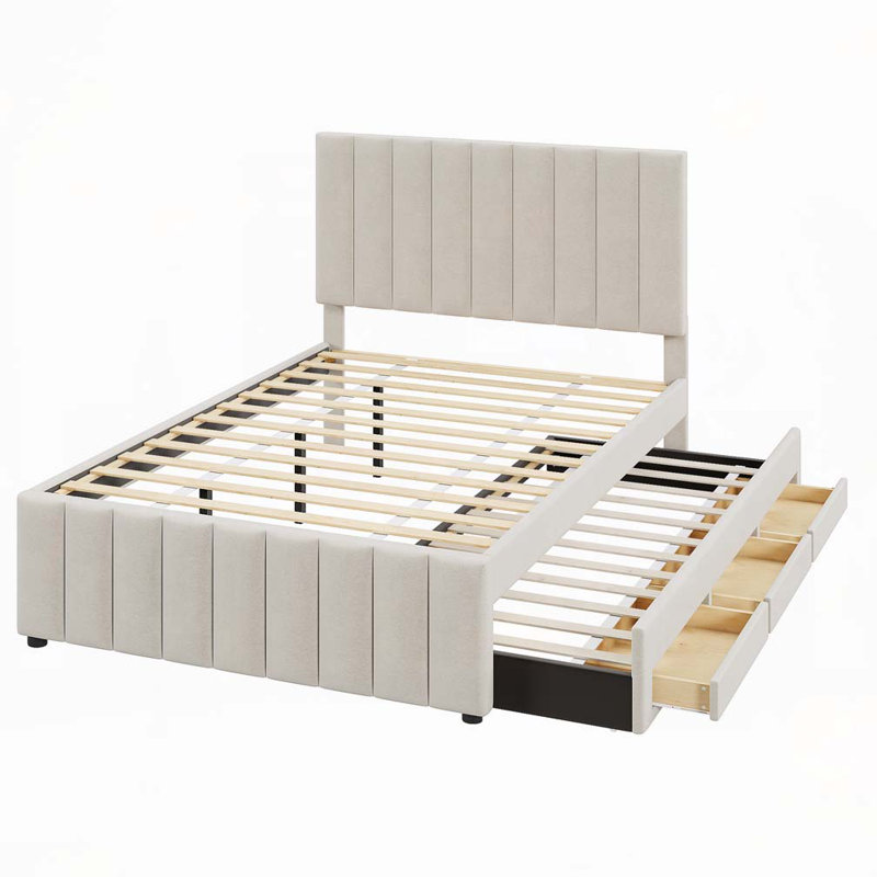 Lit plateforme tapissier avec lit gigogne et 3 tiroirs, Beige