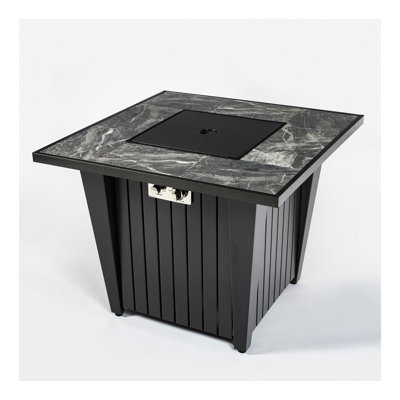 32inch Outdoor Square Propane Fire Pit Table with Blue Glass Beads, Rain Cover and Glass Wind Guard