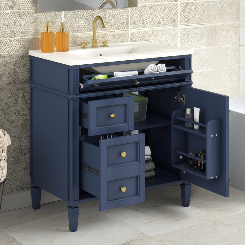 This Single Sink Bathroom Vanity With A Top Sink Is Paired With A Modern Storage Cabinet With 2 Regular Drawers And 1 Pull-Out Drawer, Making Efficient Use Of Space And Combining Practicality And Beauty.