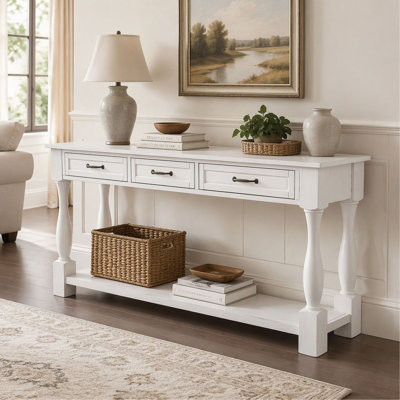 Console - 63 po - Long - Bois - avec 3 tiroirs et 1 tablette inférieure - Blanc antique - pour le vestibule