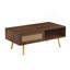 Table basse en rotin PE, porte coulissante pour le rangement, pieds en bois, table moderne pour le salon, couleur noyer
