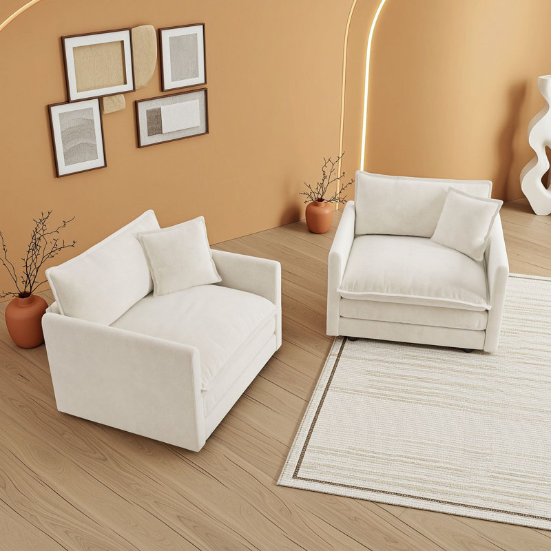 Ensemble de 2 fauteuils d'appoint rembourrés avec coussins et coussins décoratifs pour le salon, Blanc