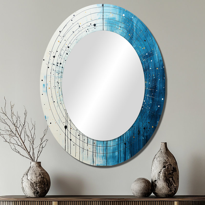 White Blue Minimalism Moon - Blue Modern Oval Wall Mirror, 40" x 30"