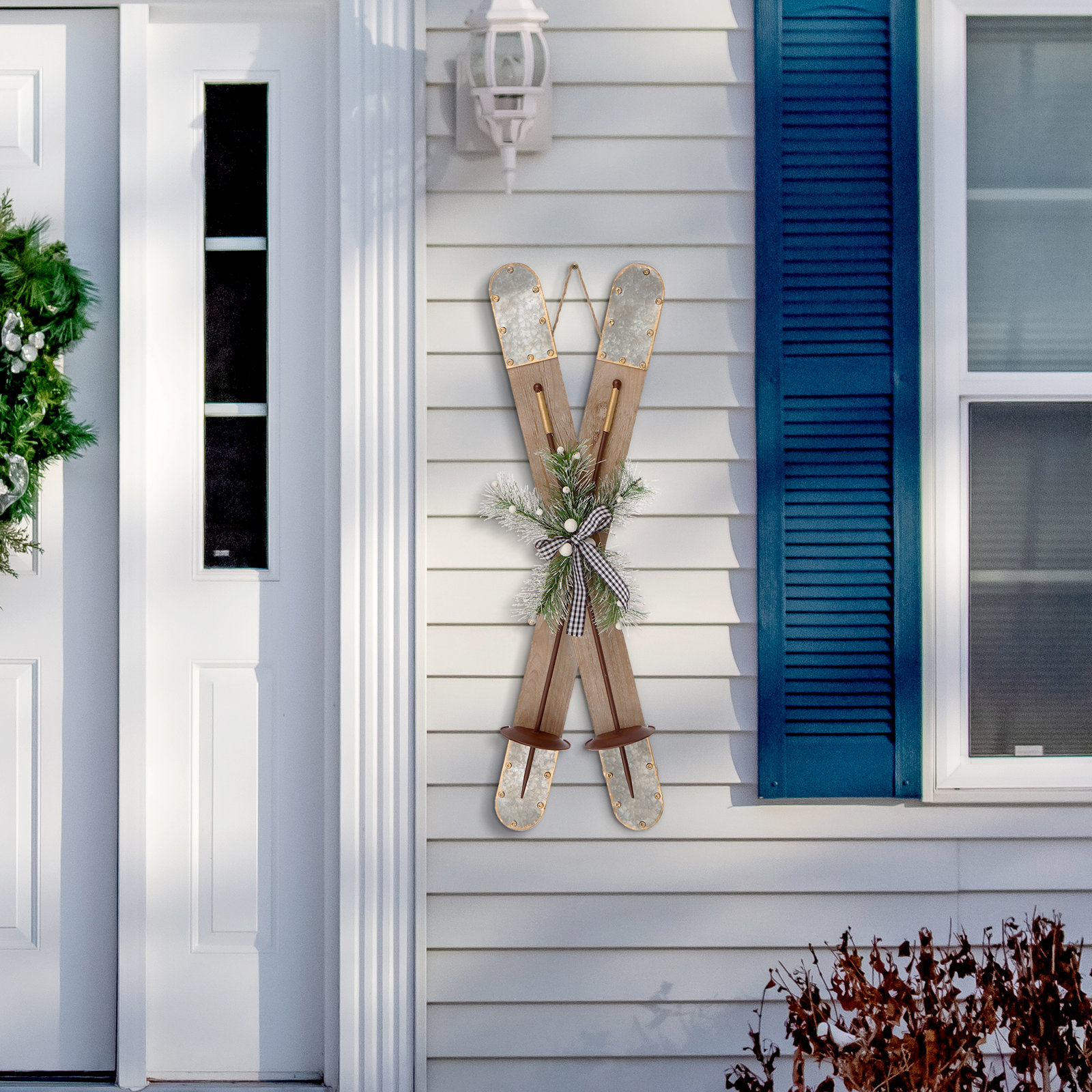 35"H Christmas Wooden/Galvanized Ski Décor, Medium Brown/Gray/Green