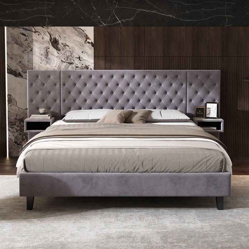Queen Size Platform Bed with Headboard, Modern Velvet Upholstered Platform Bed with 2 Nightstands, with diamond tufted, Gray