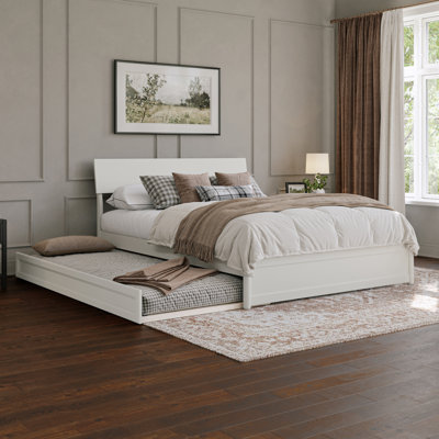 Norla Twin XL Wood Platform Bed with Footboard and Twin XL Trundle, White