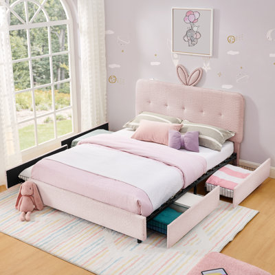 Lit pleine grandeur pour enfant avec tête de lit surdimensionnée, lumière DEL et 4 tiroirs de rangement, tissu bouclé