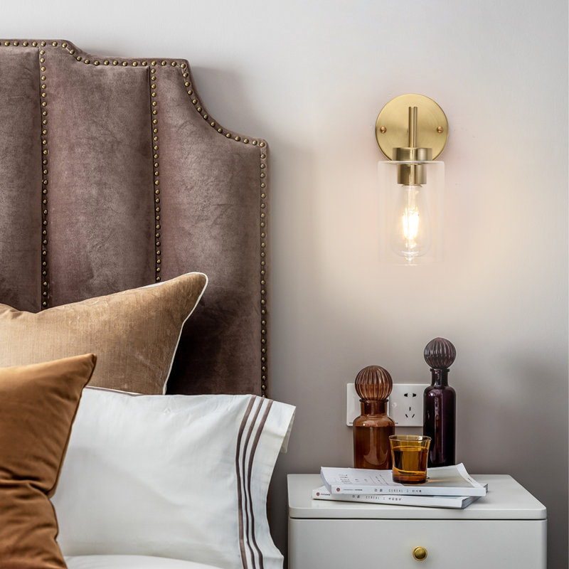  Alacam 1 - Light Bath Sconce Wall Light with Glass Shade, Brass Glass Wall Sconces for Toilet, Hallway, Staircase, Living Room, Bathroom Dining Room-10.2'' H X 3.93'' W