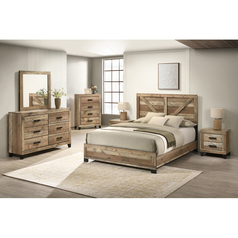 Ensemble de chambre à coucher 6 pièces en pin brun vieilli, Très grand