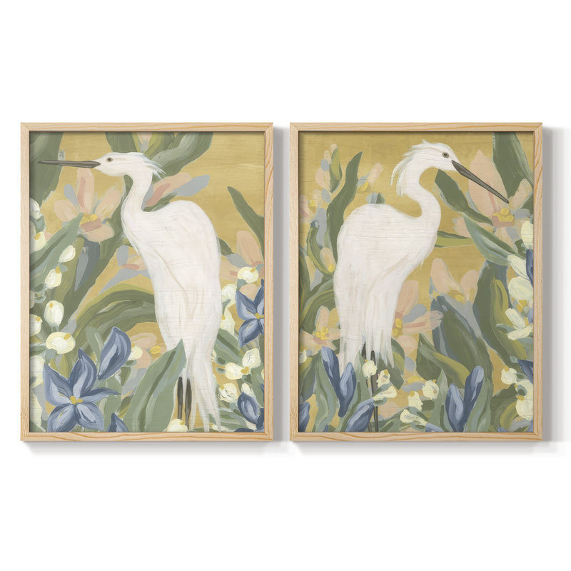 Floral Egret I-Premium, reproduction encadrée prête à accrocher - aucun clou requis - aucun clou requis, H 29 po x l 46 po