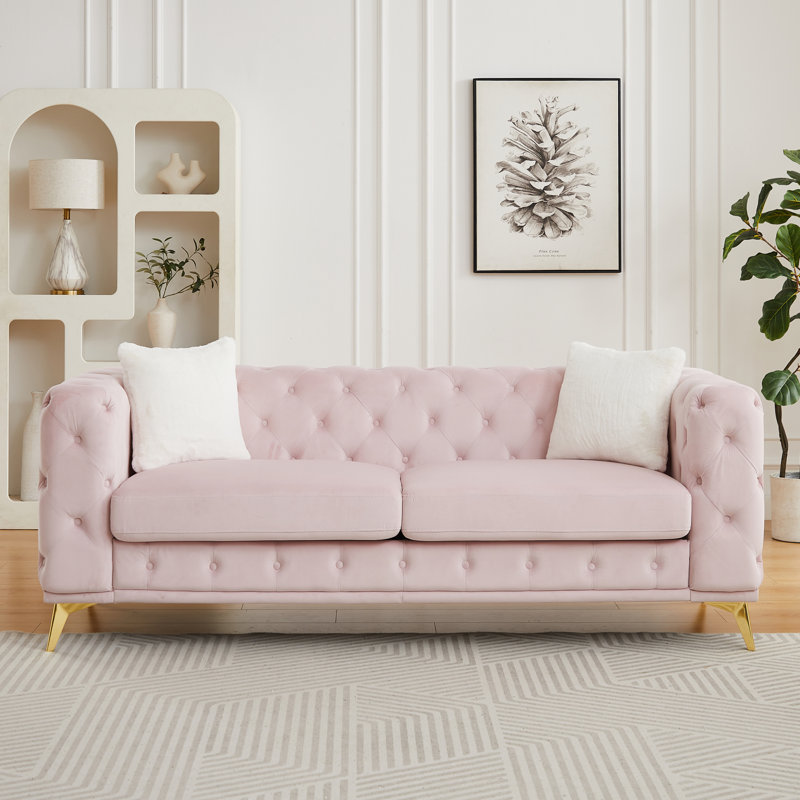 Canapés à compression, velours rose de 82,5 pouces, canapé Chesterfield moderne