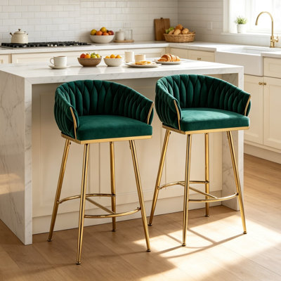 Tabourets de bar de 66 cm (26 po) en velours, hauteur de comptoir, avec dossier et repose-pieds incurvés en tissu tissé