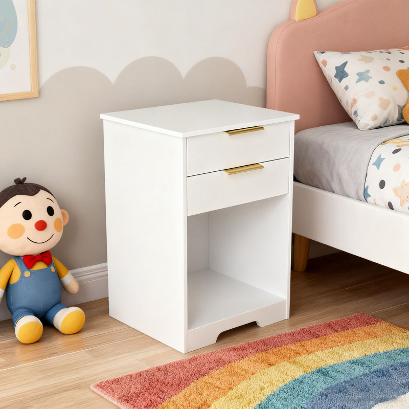 White 2 - Drawer Nightstand with Open Shelf, Gold Handles & Compact Design